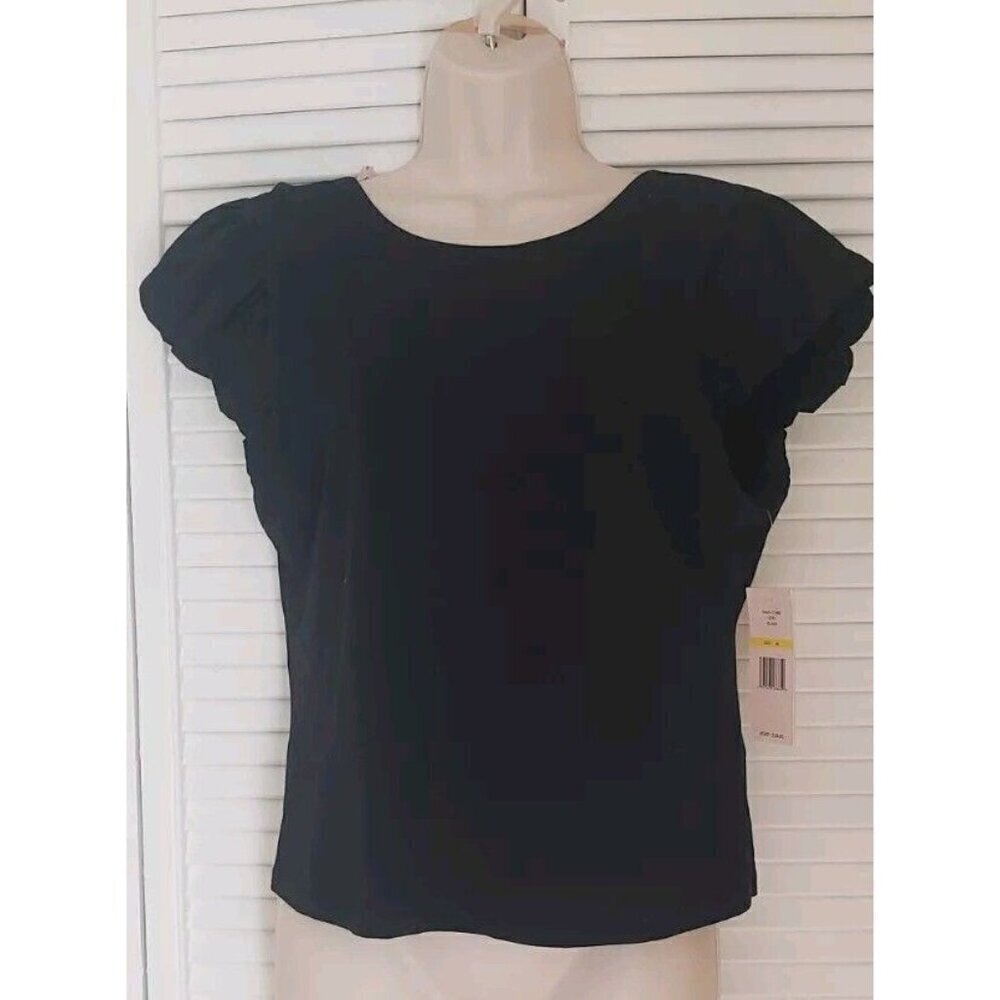 NWT NANETTE LEPORE VERY BLACK RUCHED SHORT SLEEVE BACK TIE BLOUSE TOP SZ MEDIUM
